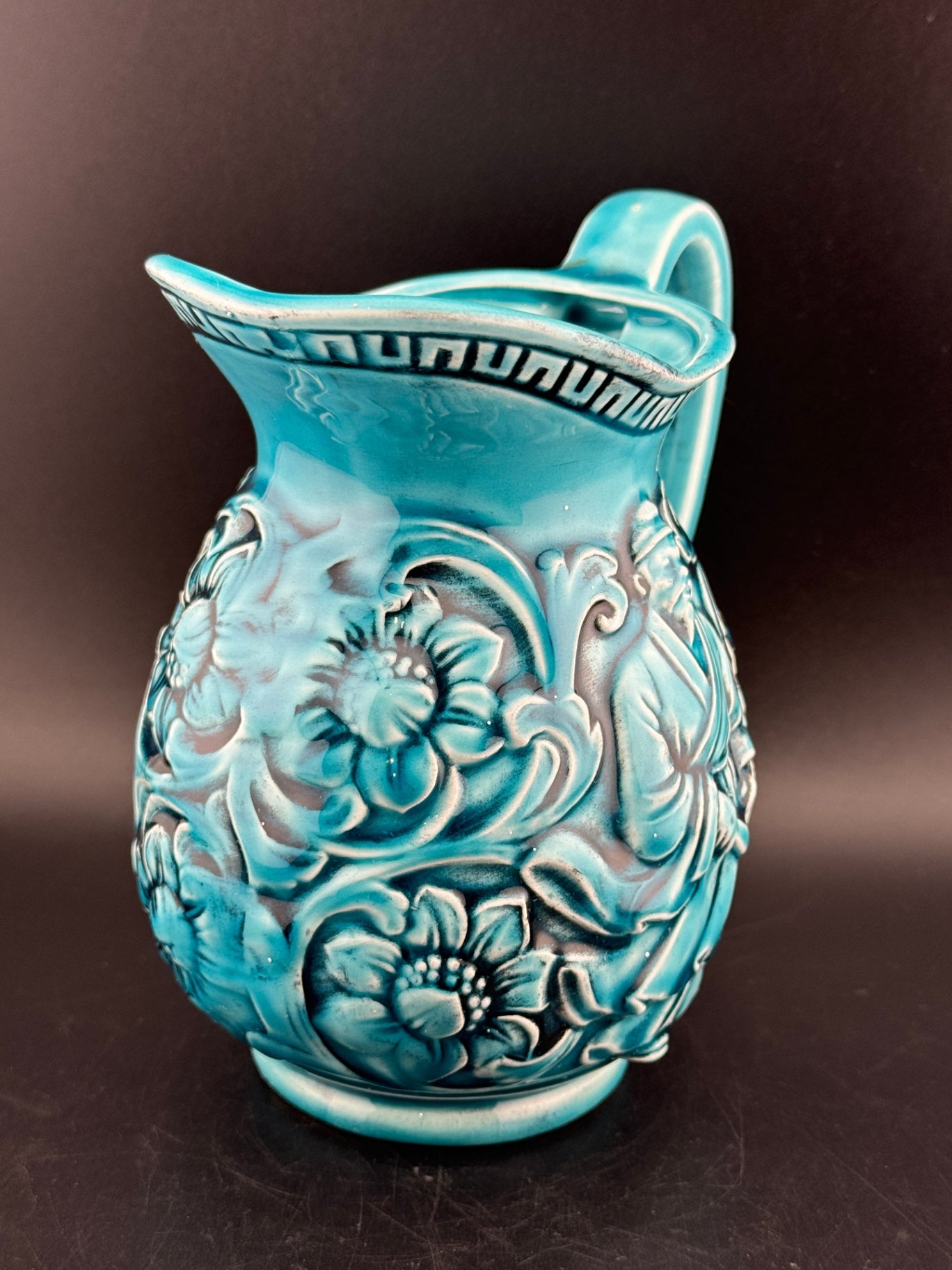 Vintage Japanese Majolica Teal Blue Pitcher