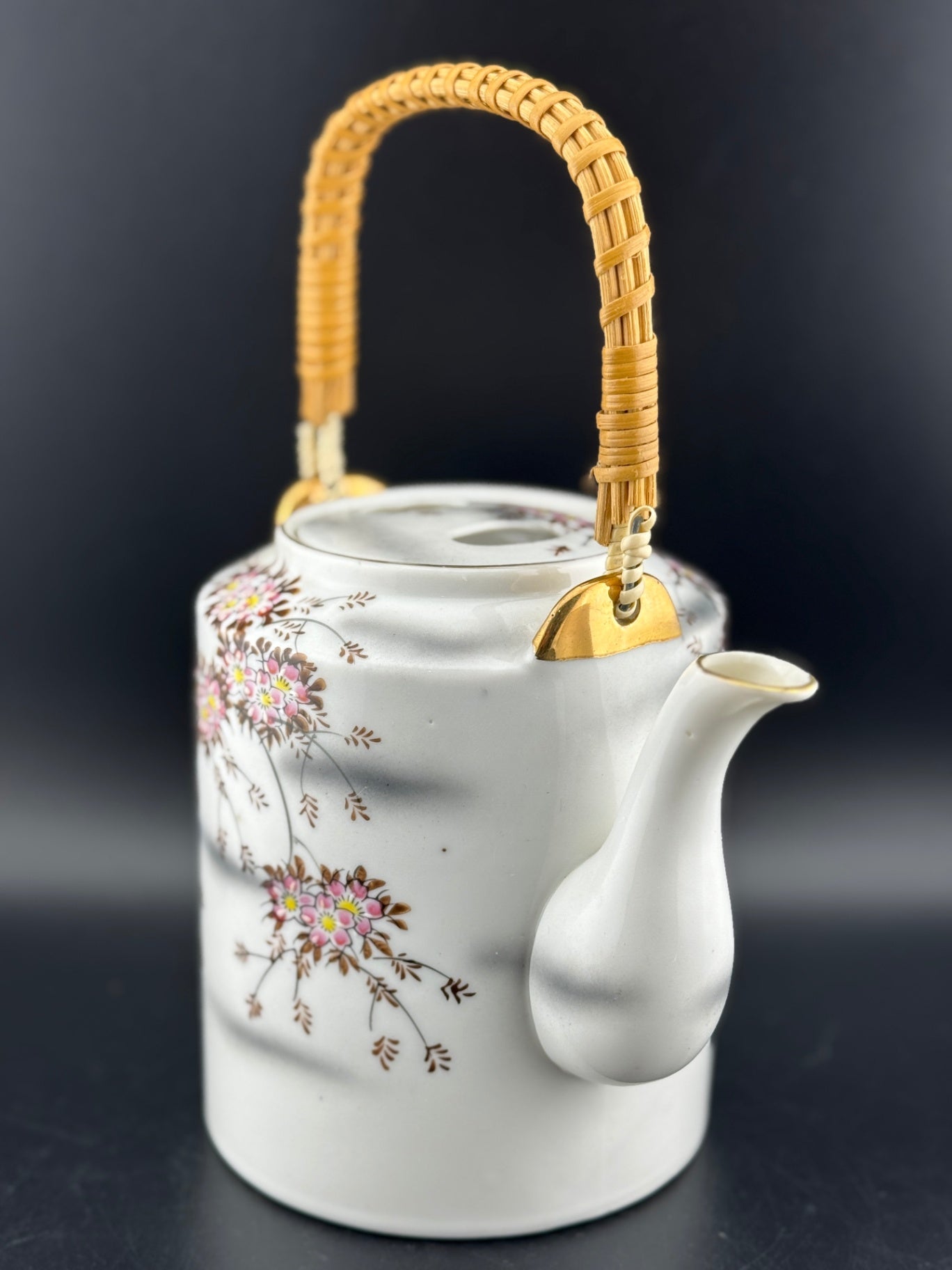 Japanese Cherry Blossom Teapot with Rattan Handle