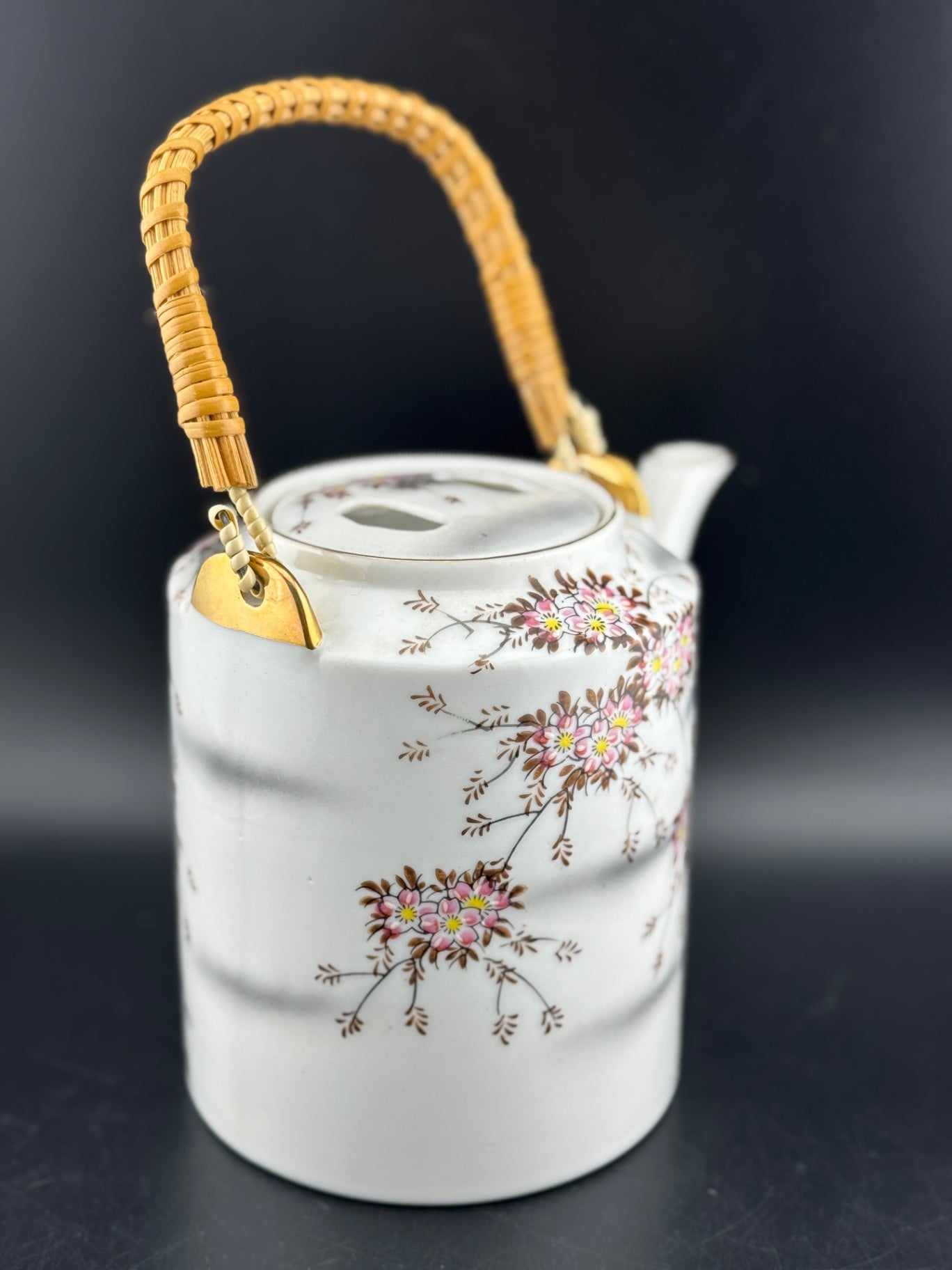 Japanese Cherry Blossom Teapot with Rattan Handle