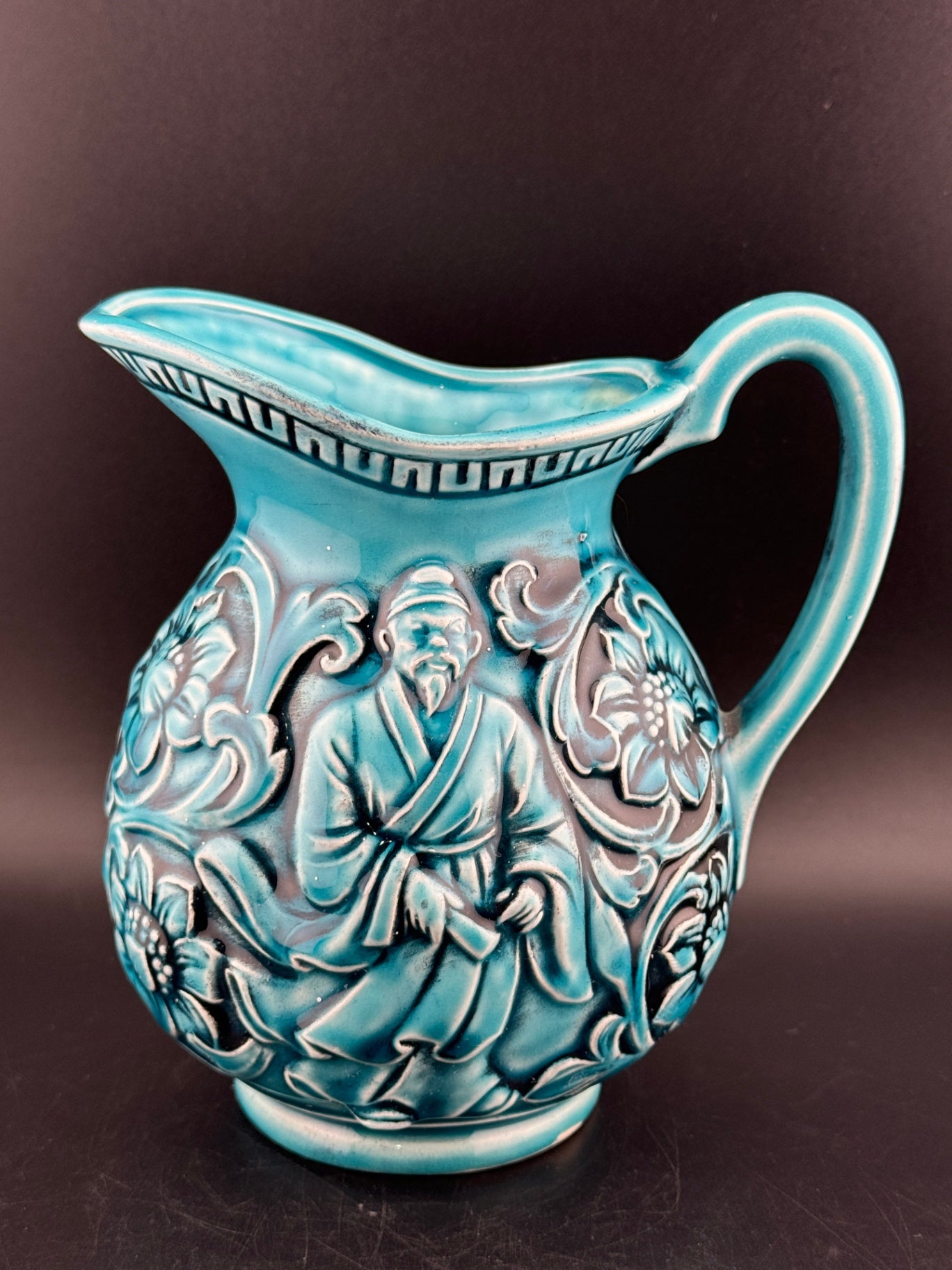 Vintage Japanese Majolica Teal Blue Pitcher