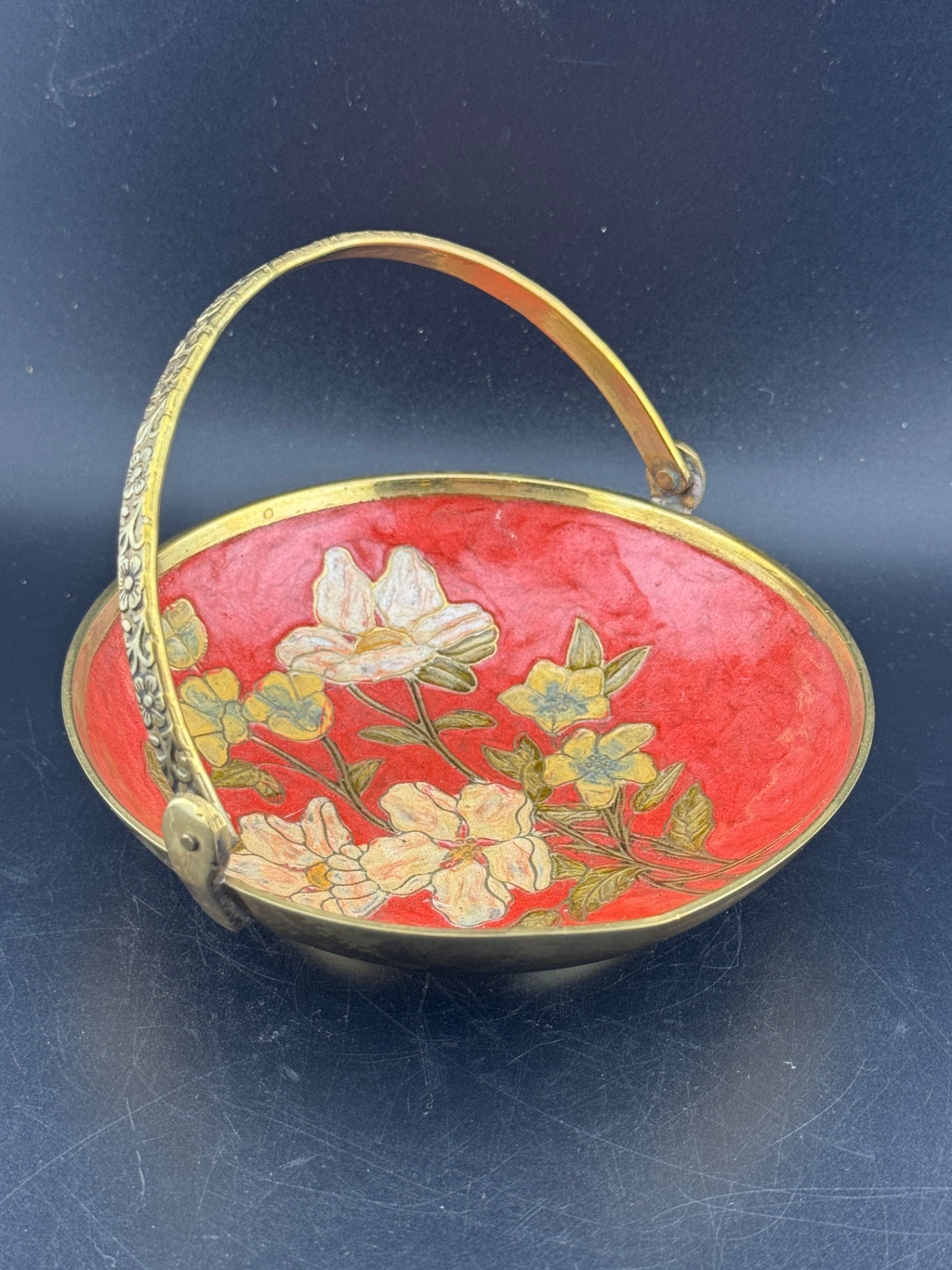 Vintage Brass Enamel Cloisonne Dish with Embossed Handle