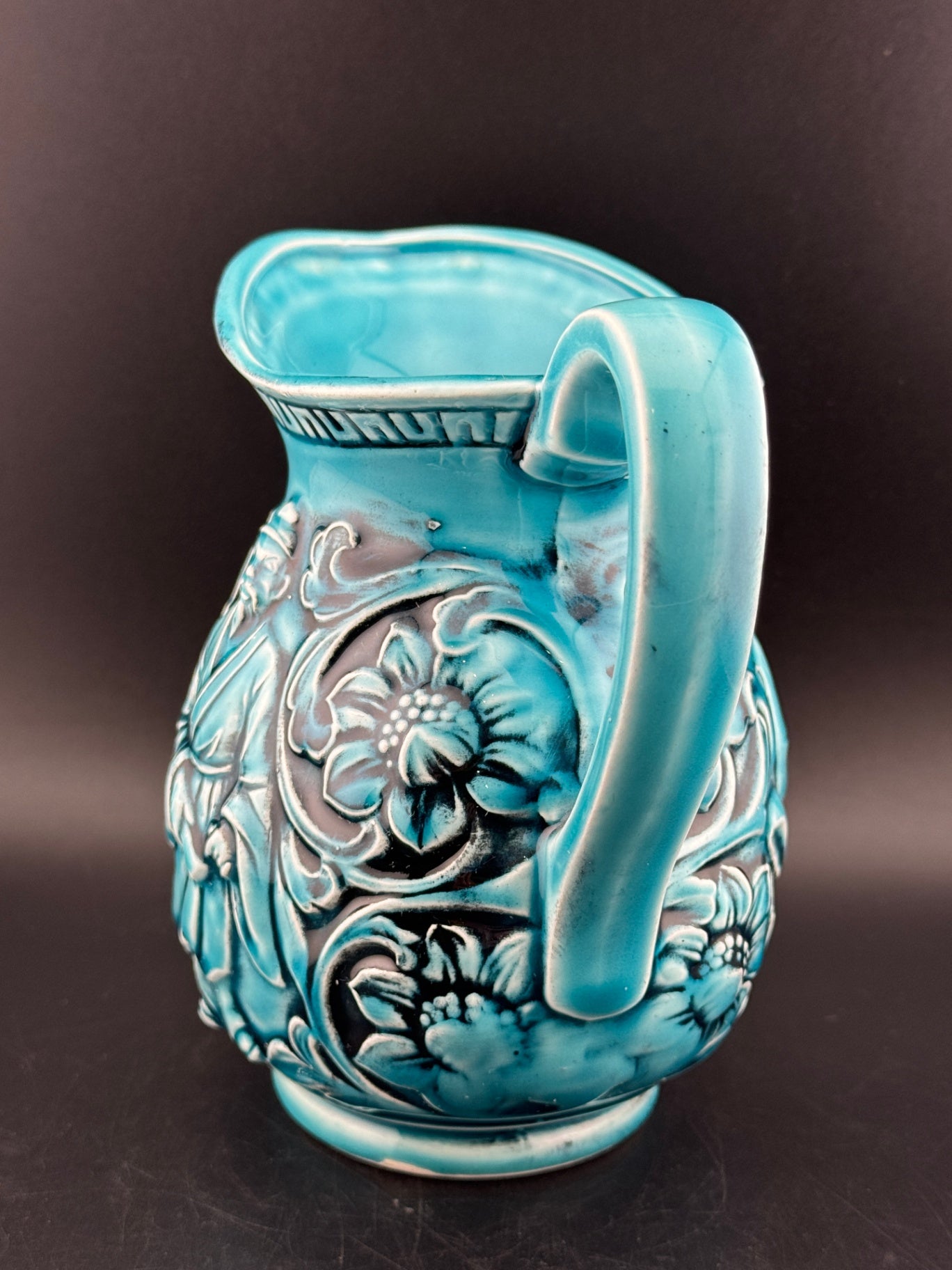Vintage Japanese Majolica Teal Blue Pitcher