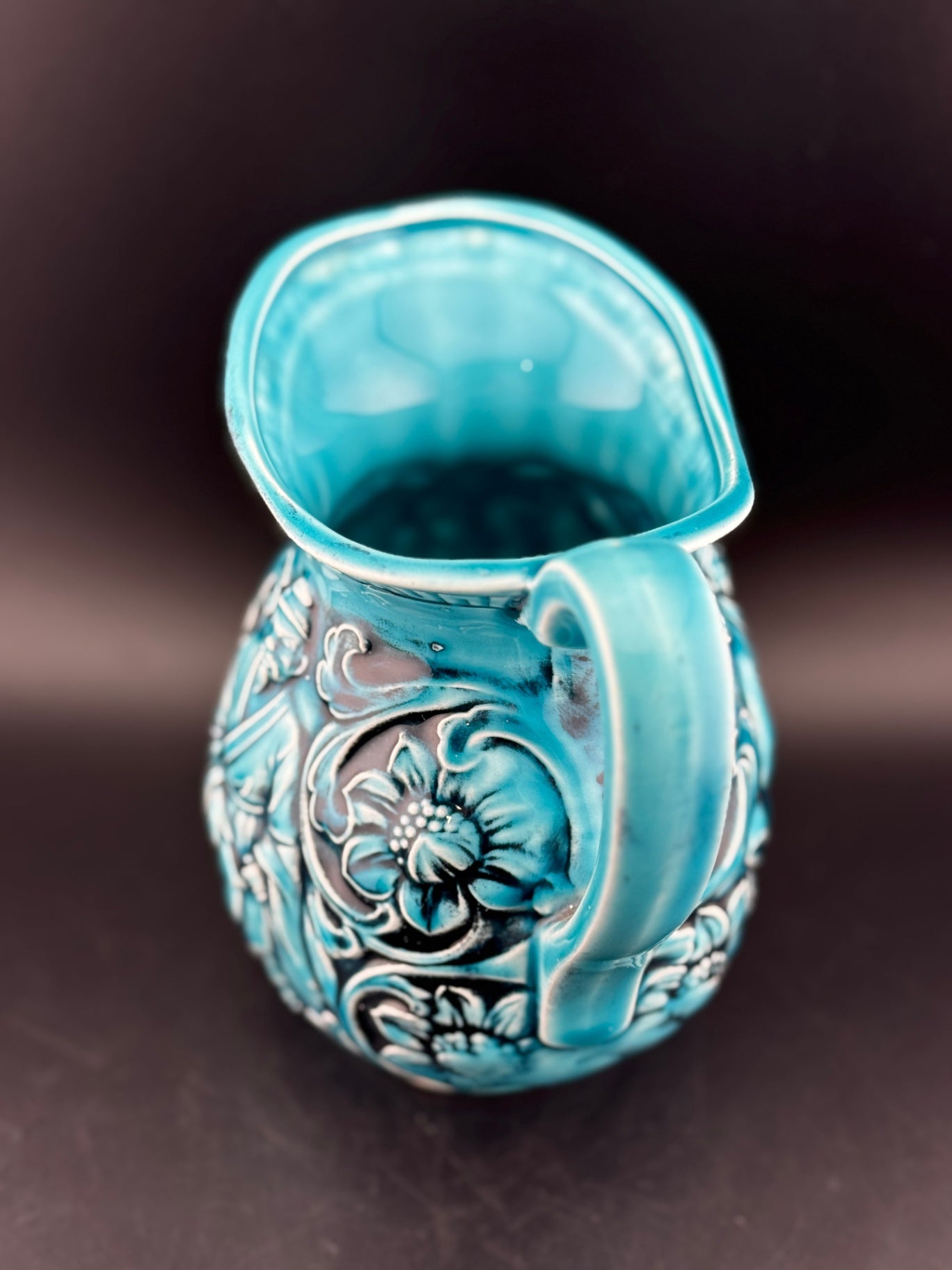 Vintage Japanese Majolica Teal Blue Pitcher