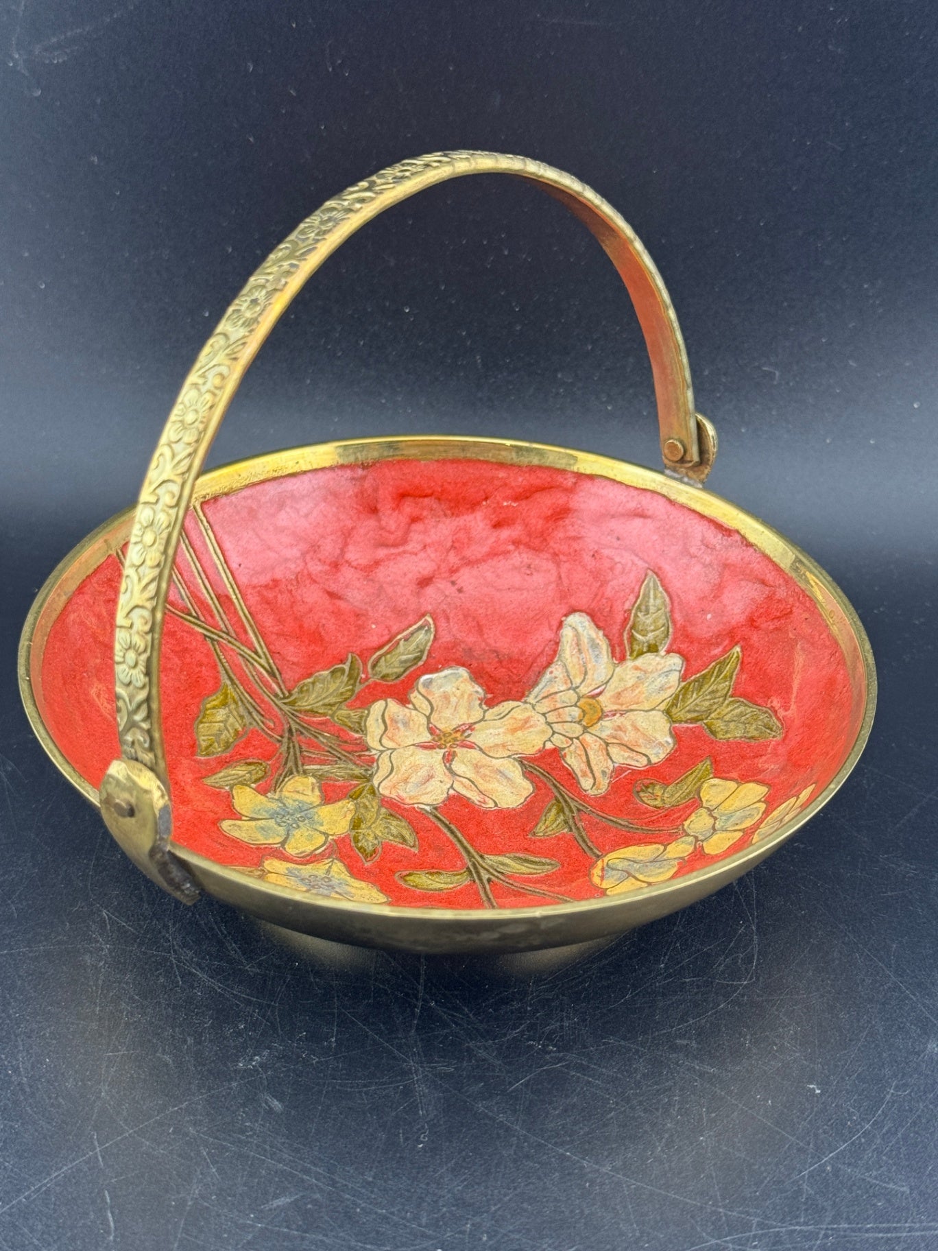 Vintage Brass Enamel Cloisonne Dish with Embossed Handle