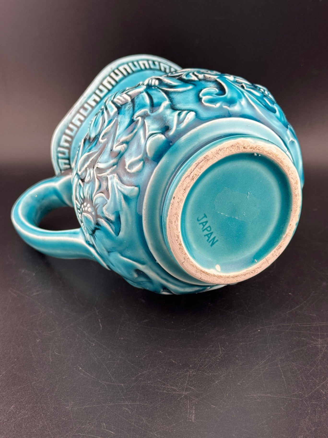 Vintage Japanese Majolica Teal Blue Pitcher