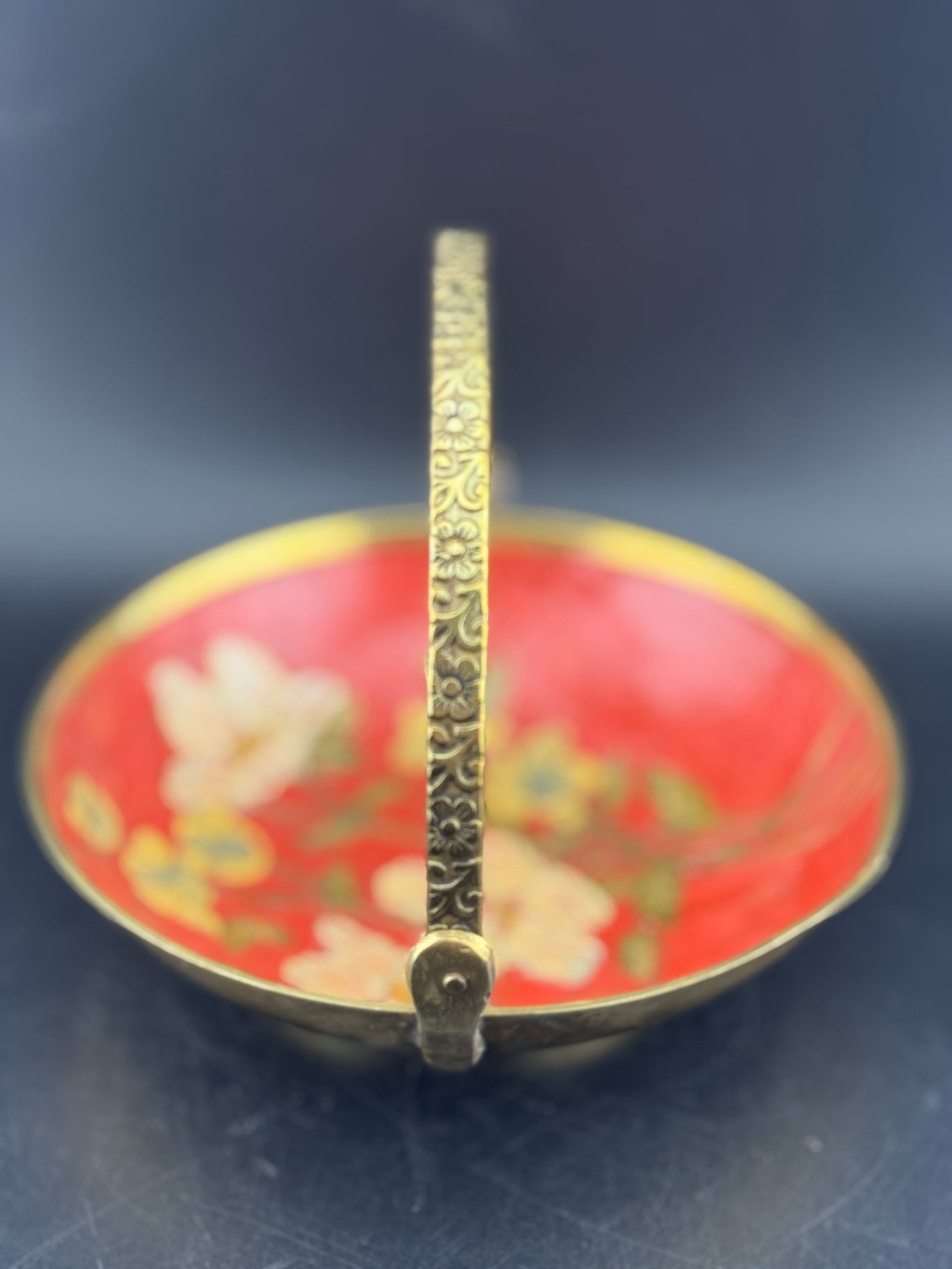 Vintage Brass Enamel Cloisonne Dish with Embossed Handle
