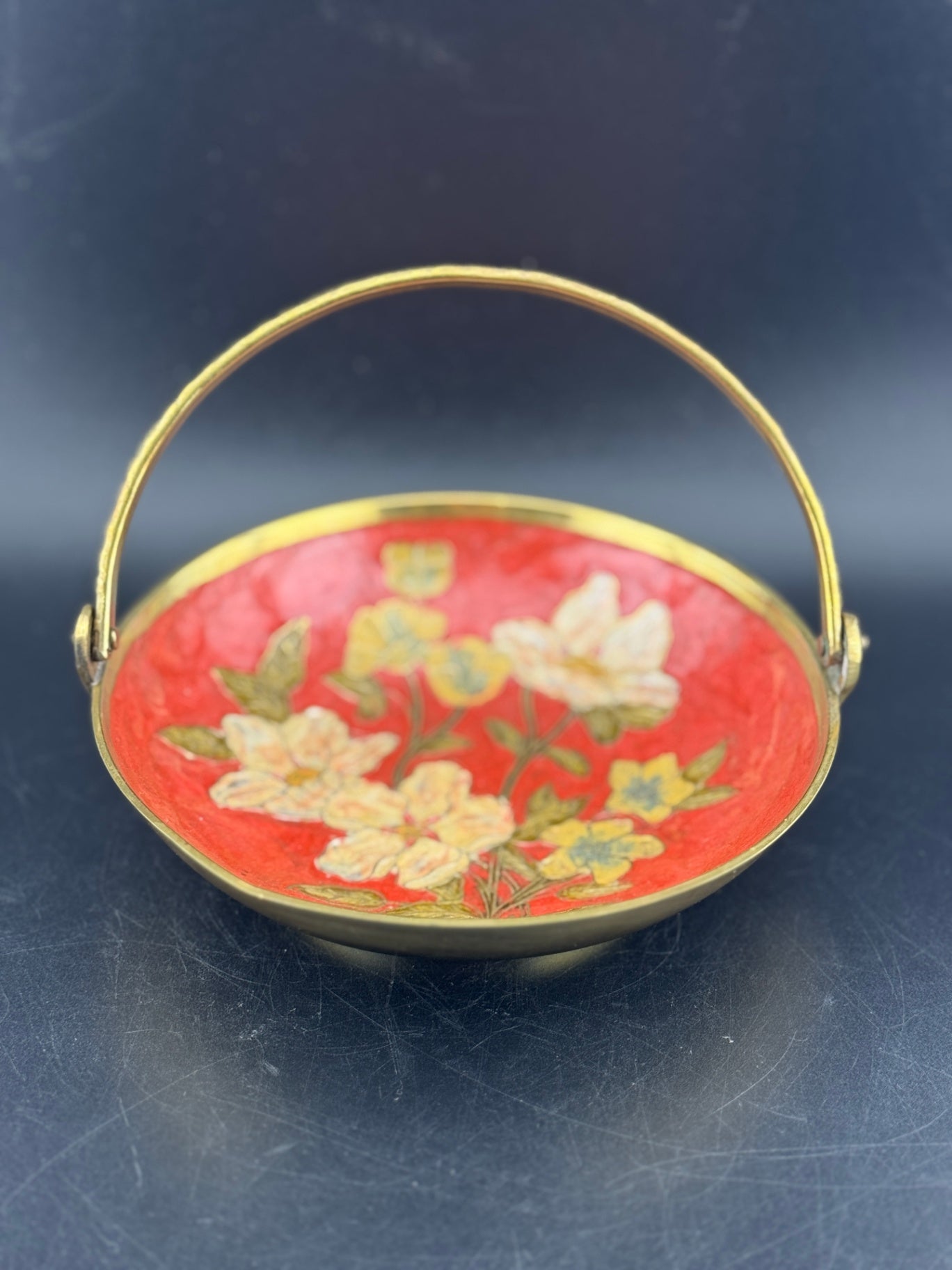 Vintage Brass Enamel Cloisonne Dish with Embossed Handle