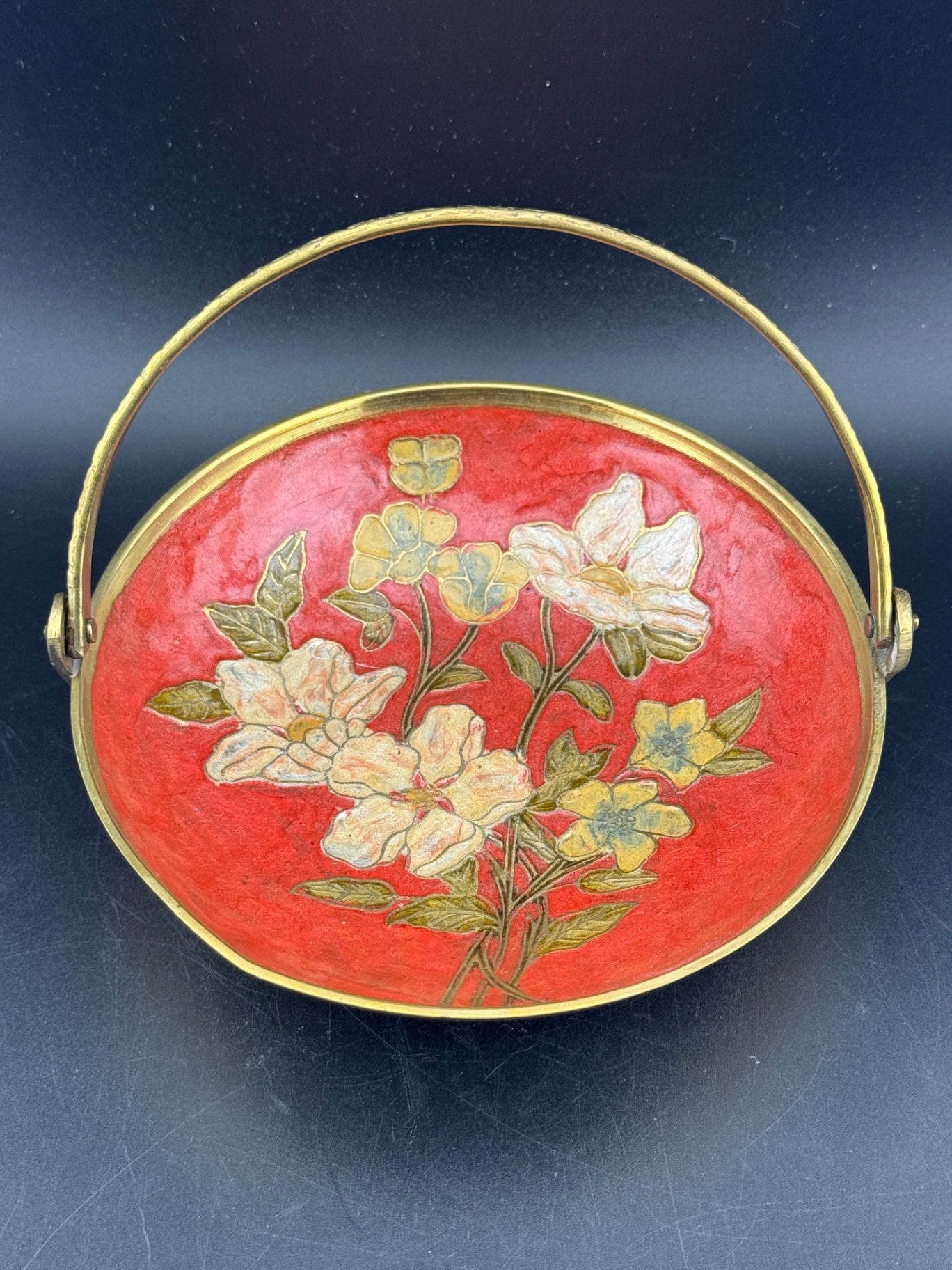 Vintage Brass Enamel Cloisonne Dish with Embossed Handle