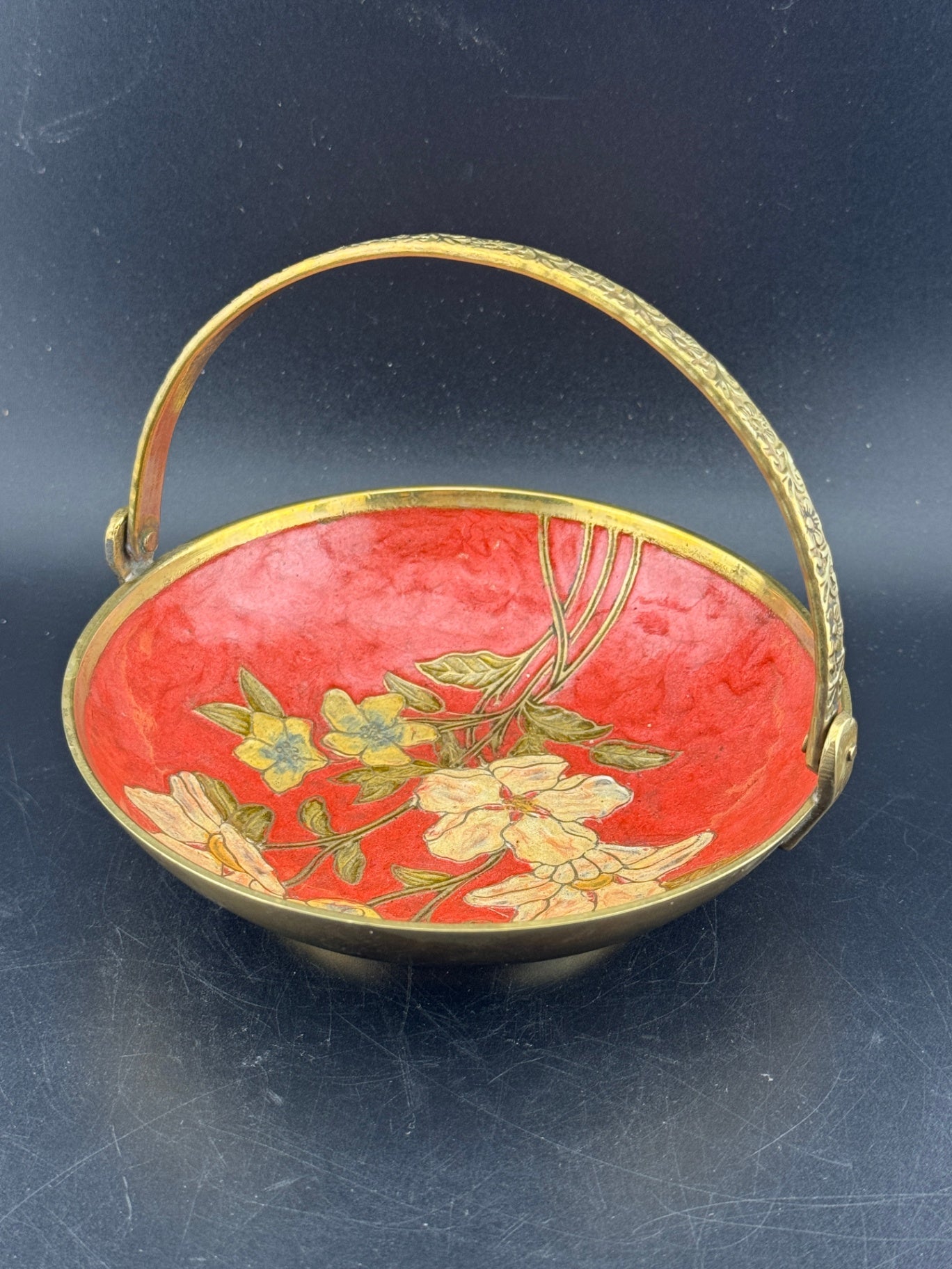 Vintage Brass Enamel Cloisonne Dish with Embossed Handle