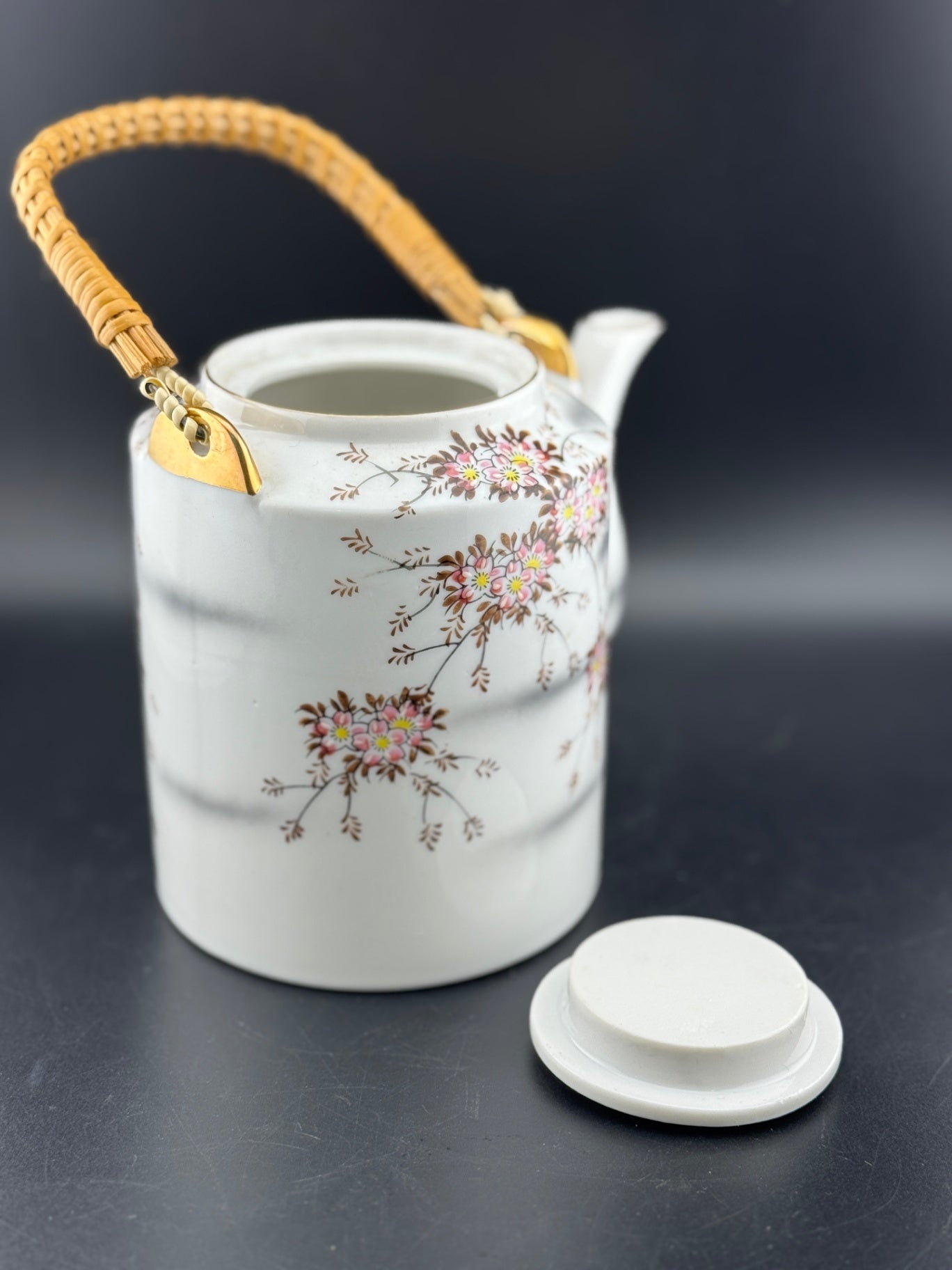 Japanese Cherry Blossom Teapot with Rattan Handle