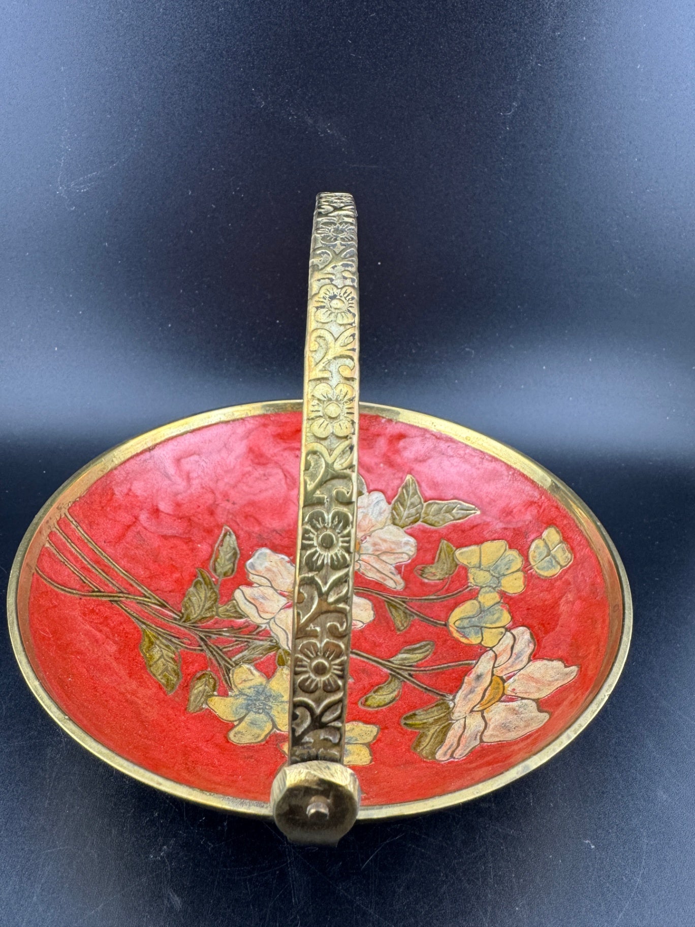 Vintage Brass Enamel Cloisonne Dish with Embossed Handle