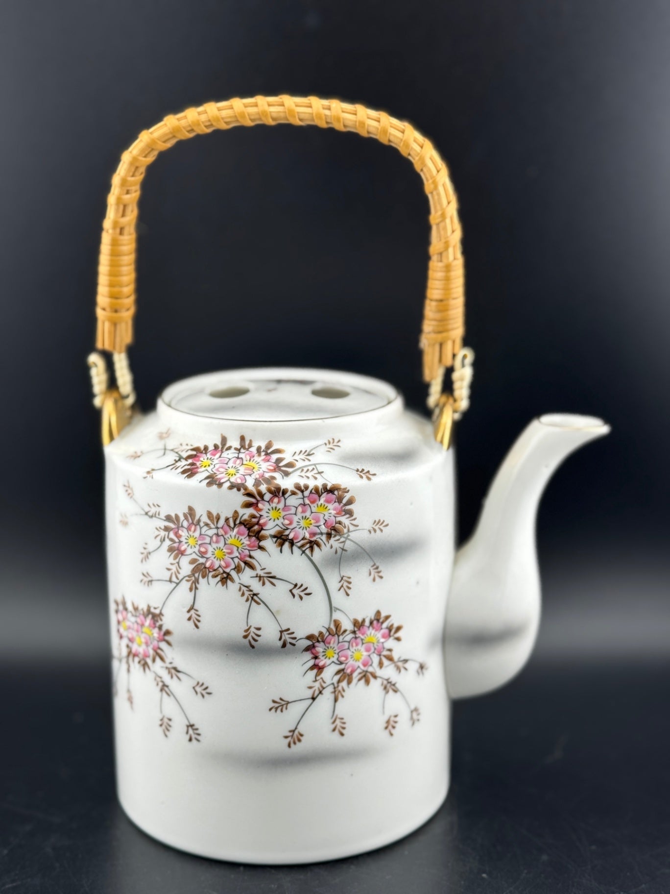 Japanese Cherry Blossom Teapot with Rattan Handle