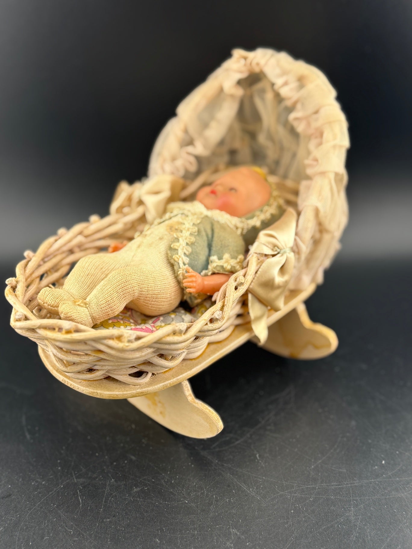Antique Miniature Baby Doll in Cradle