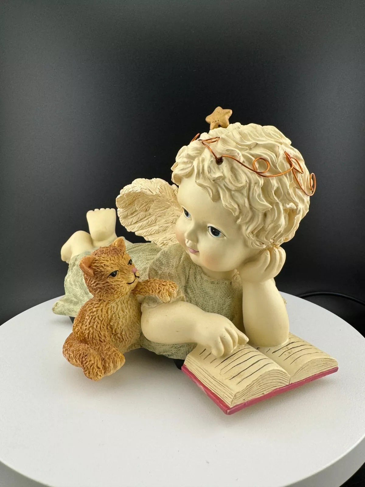Resin Angel Reading to Cat Music Box