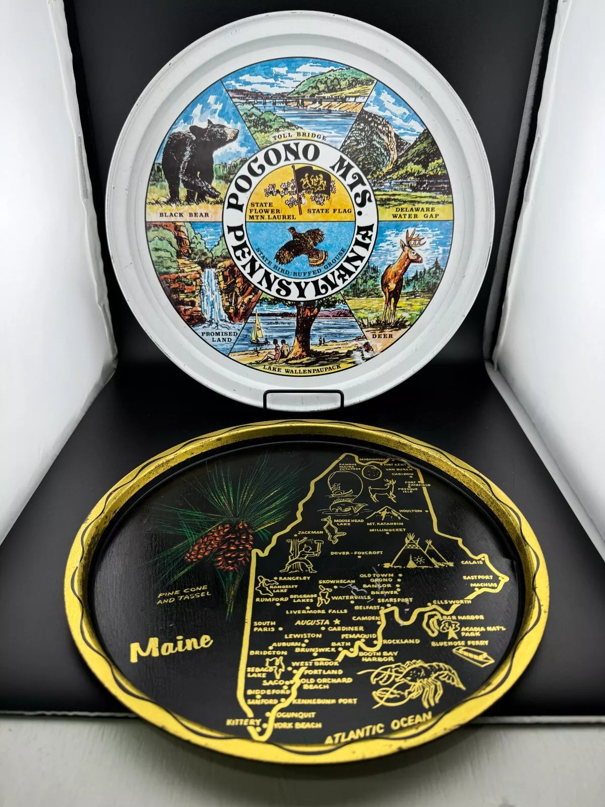 Vintage Tin State Souvenir Trays - Maine