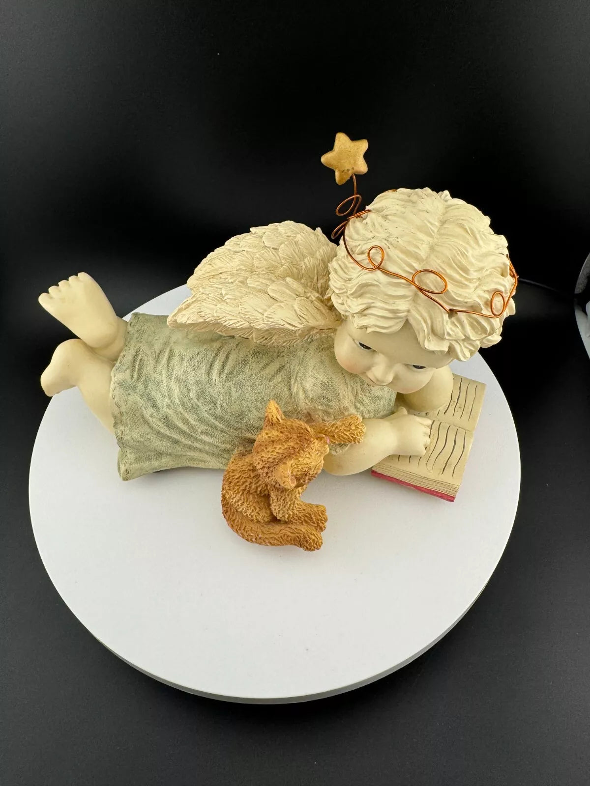 Resin Angel Reading to Cat Music Box
