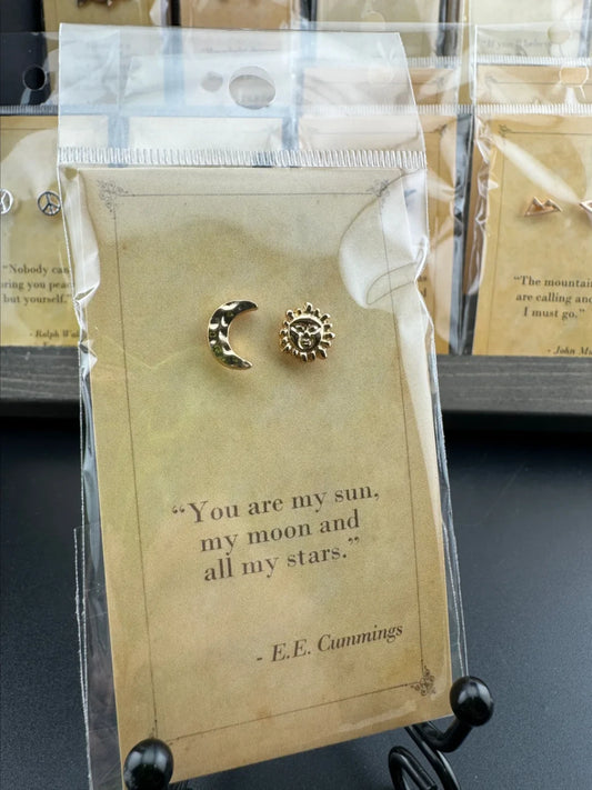 Bookish Quote Earrings - Gold Sun & Moon E.E. Cummings