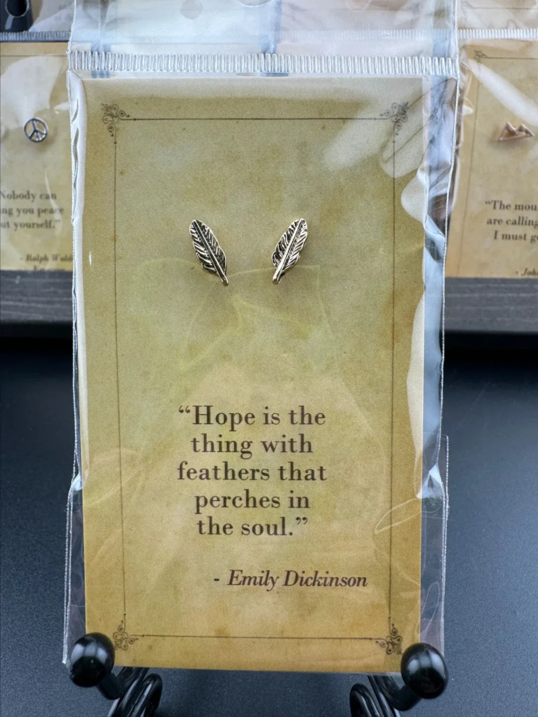 Bookish Quote Earrings - Gold Feather Emily Dickinson