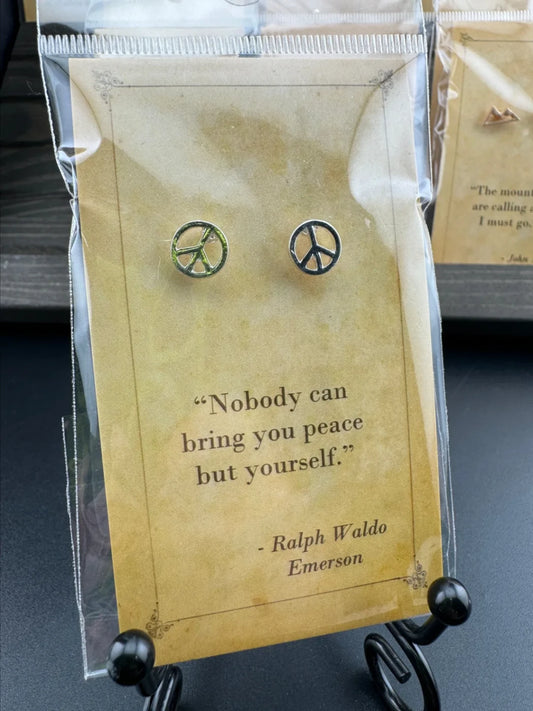 Bookish Quote Earrings - Silver Peace Sign Ralph Waldo Emerson