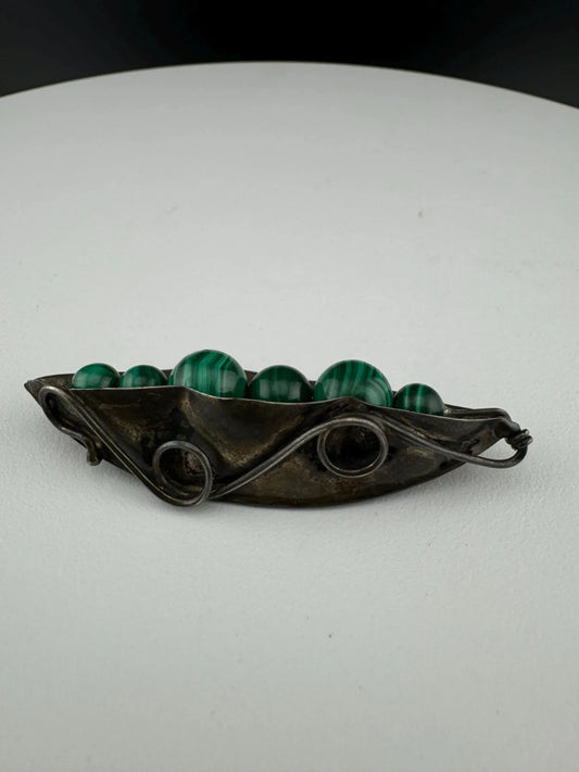 Vintage Silver & Malachite Peas in a Pod Brooch