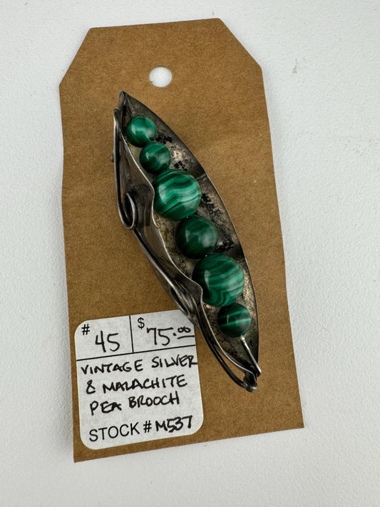 Vintage Silver & Malachite Peas in a Pod Brooch