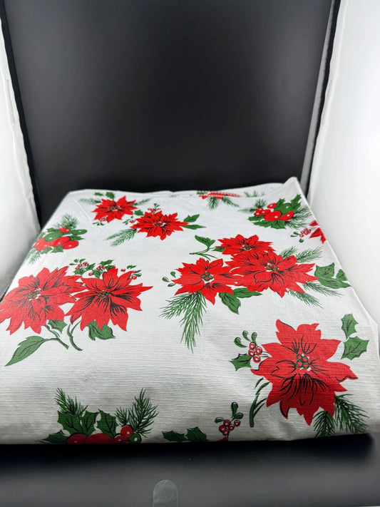Vintage Flannel-Backed Vinyl Poinsettia Tablecloth
