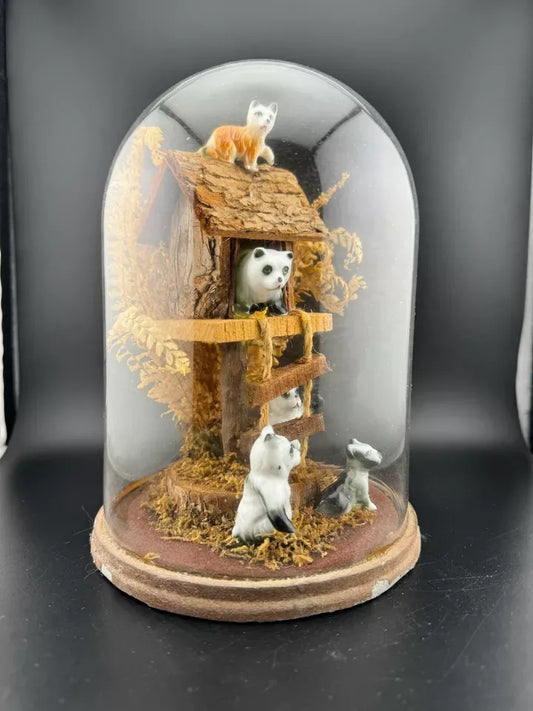 Vintage Kitschy Ceramic Animals in a Treehouse Diorama Terrarium