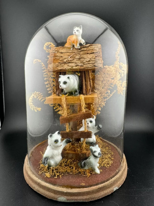 Vintage Kitschy Ceramic Animals in a Treehouse Diorama Terrarium