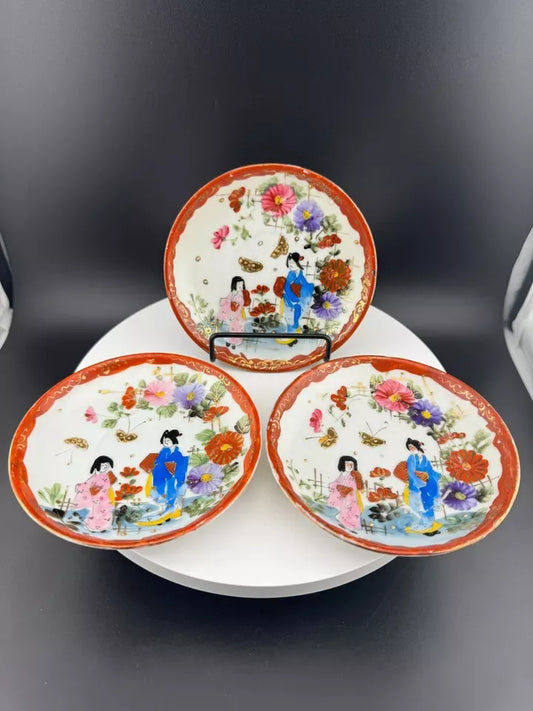 Vintage Set of Hand Painted Japanese Style Saucers