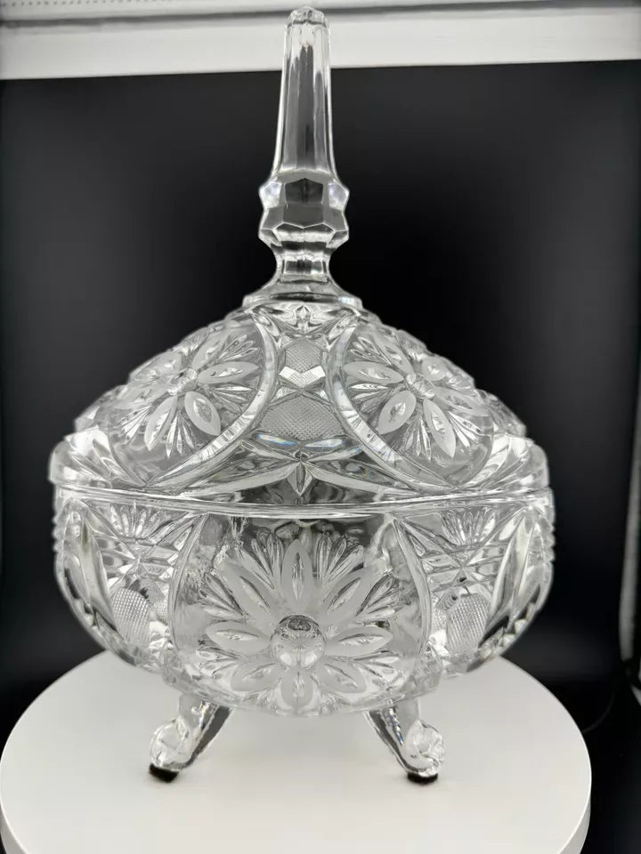 Vintage Footed, Lidded Oval Crystal Candy Dish with Floral Pattern