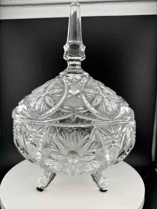 Vintage Footed, Lidded Oval Crystal Candy Dish with Floral Pattern
