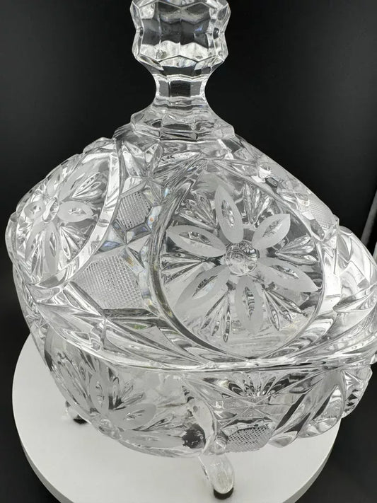 Vintage Footed, Lidded Oval Crystal Candy Dish with Floral Pattern
