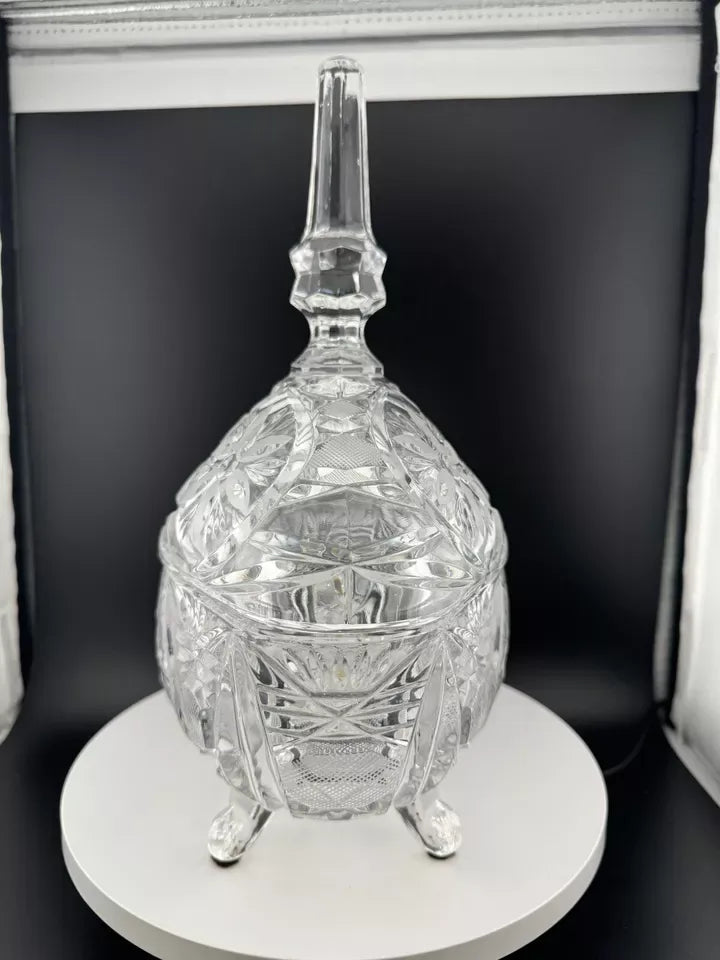 Vintage Footed, Lidded Oval Crystal Candy Dish with Floral Pattern