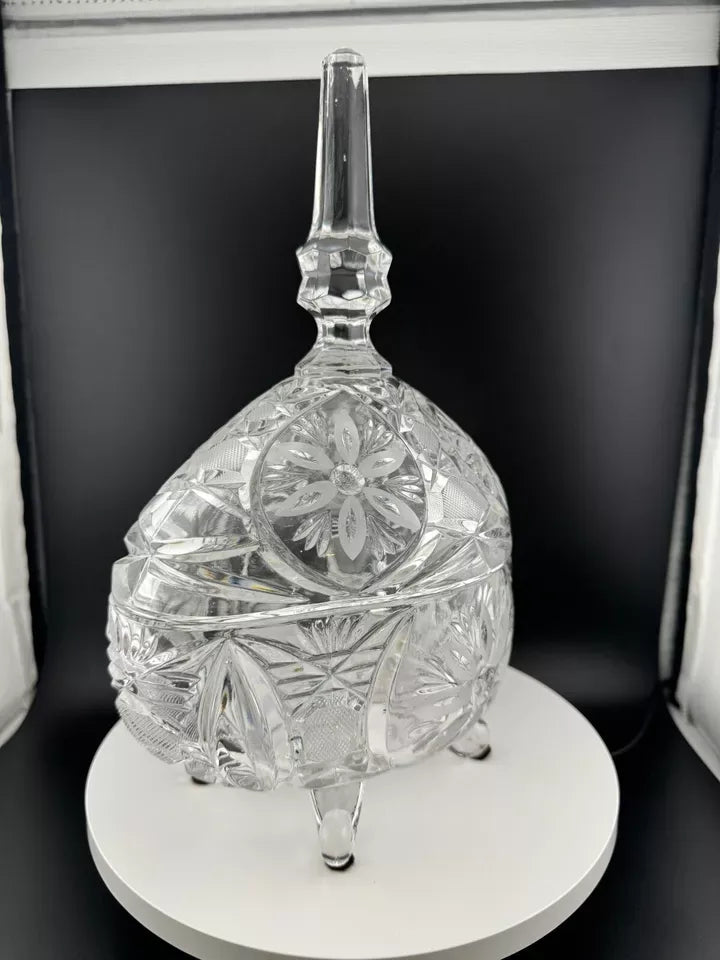 Vintage Footed, Lidded Oval Crystal Candy Dish with Floral Pattern