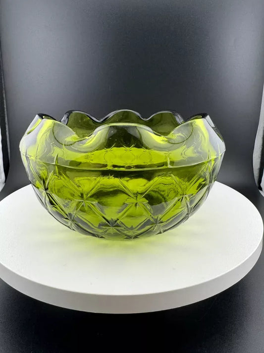 Vintage Indiana Glass Green Ruffled Edged Diamond Quilted Bowl