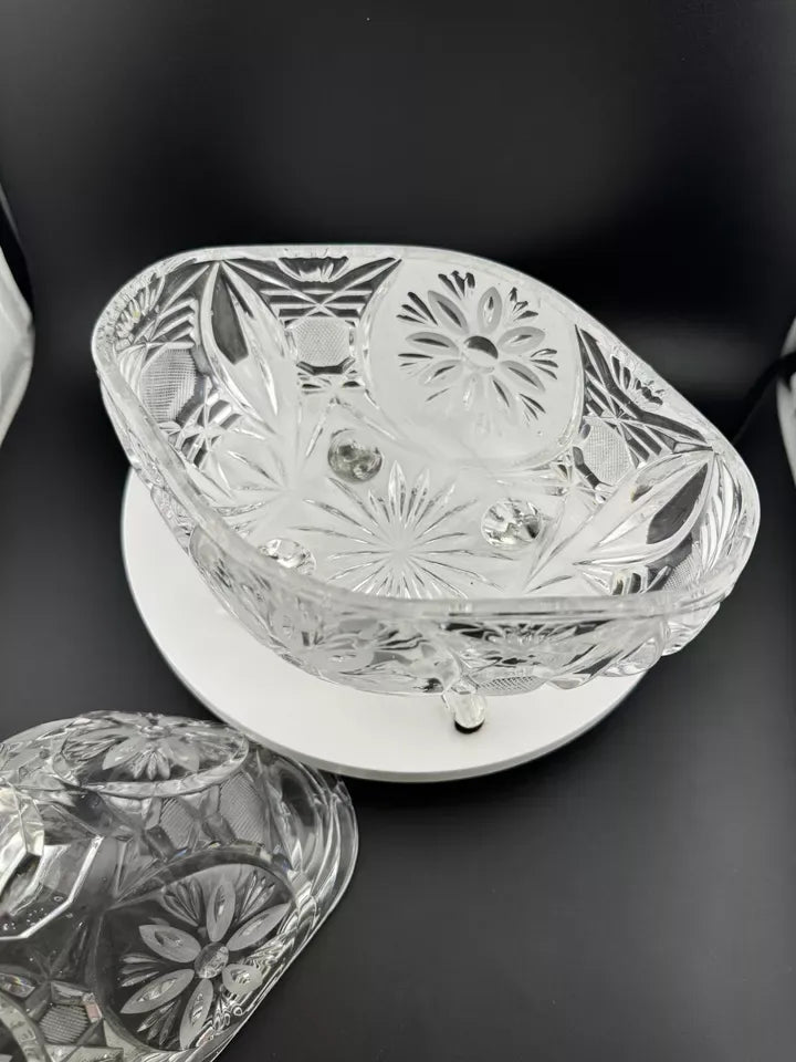 Vintage Footed, Lidded Oval Crystal Candy Dish with Floral Pattern