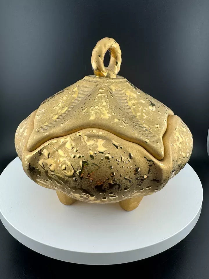 Mid Century Weeping Gold Piece - Footed, Lidded Dish