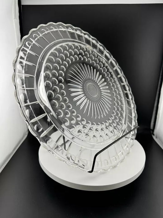 Vintage Federal Glass Sunflower Bubbles Scallop Footed Cake Plate