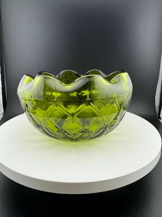 Vintage Indiana Glass Green Ruffled Edged Diamond Quilted Bowl