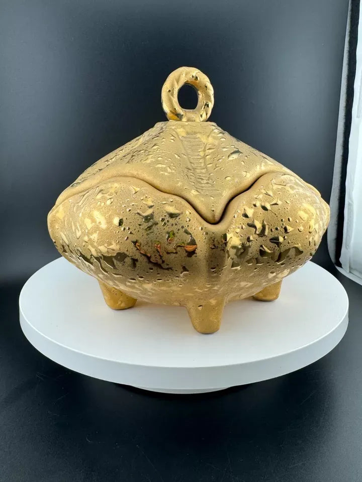 Mid Century Weeping Gold Piece - Footed, Lidded Dish
