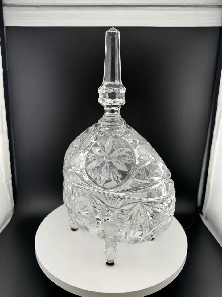 Vintage Footed, Lidded Oval Crystal Candy Dish with Floral Pattern