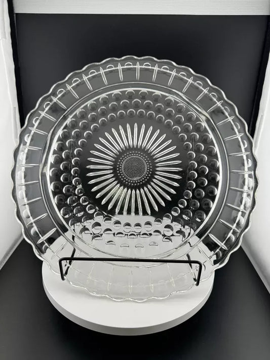 Vintage Federal Glass Sunflower Bubbles Scallop Footed Cake Plate