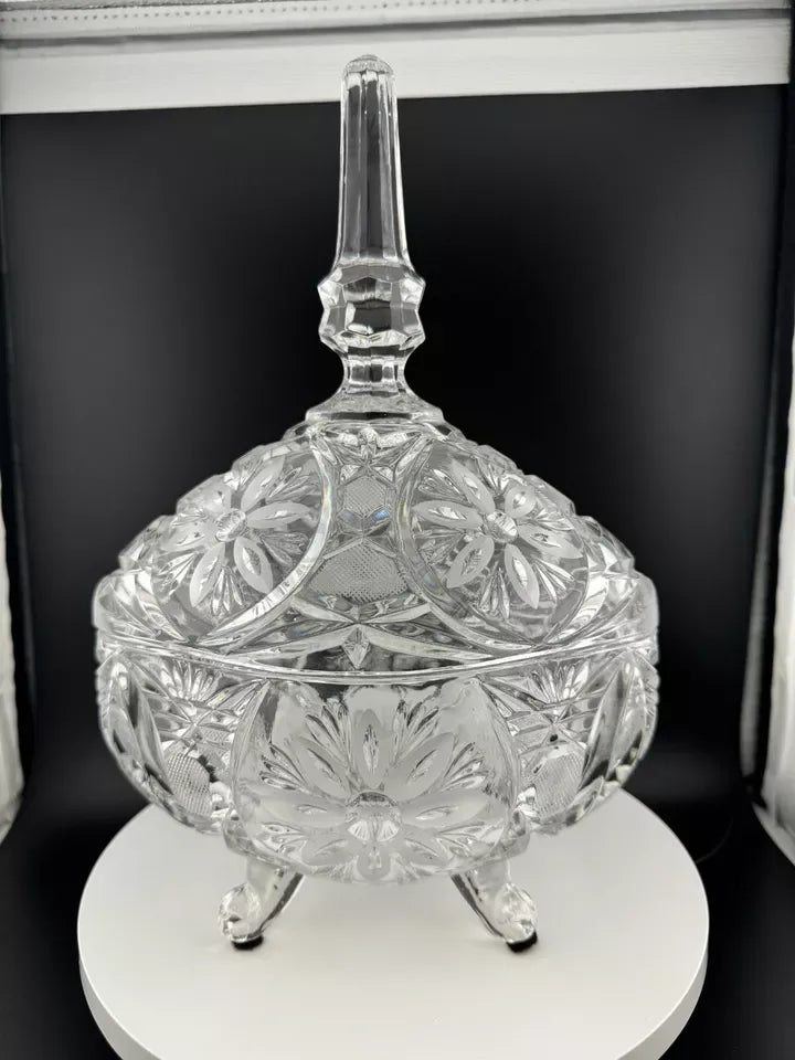 Vintage Footed, Lidded Oval Crystal Candy Dish with Floral Pattern