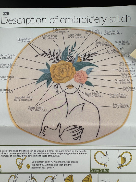 New Outline of Woman with Floral Crown Embroidery Kit - No. 329