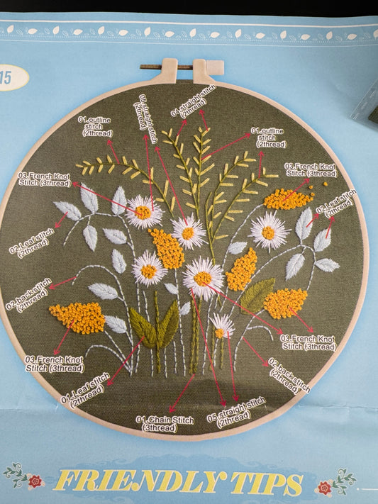 New White & Yellow Wildflowers Embroidery Kit - No. 615