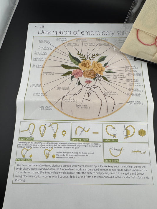 New Outline of Woman with Floral Crown Embroidery Kit - No. 328
