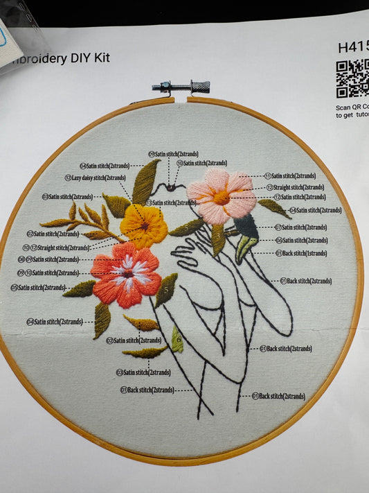 New Outlined Woman with Flowers Embroidery Kit - H415