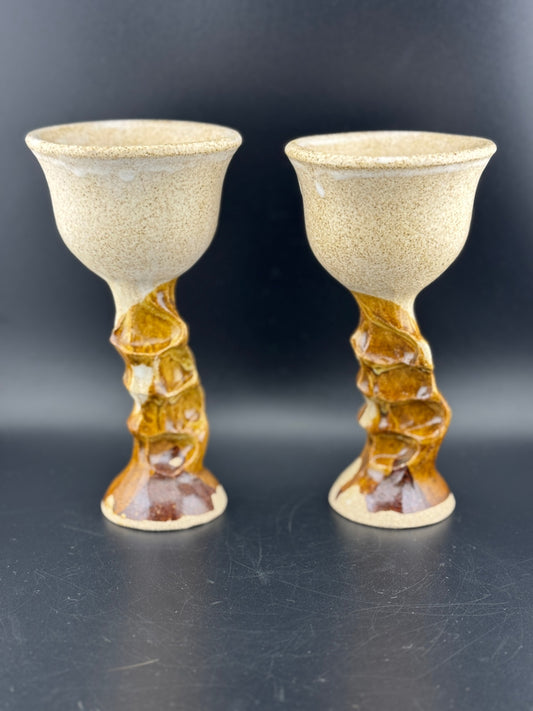 Pair of Handmade Glazed Pottery Wine Goblets