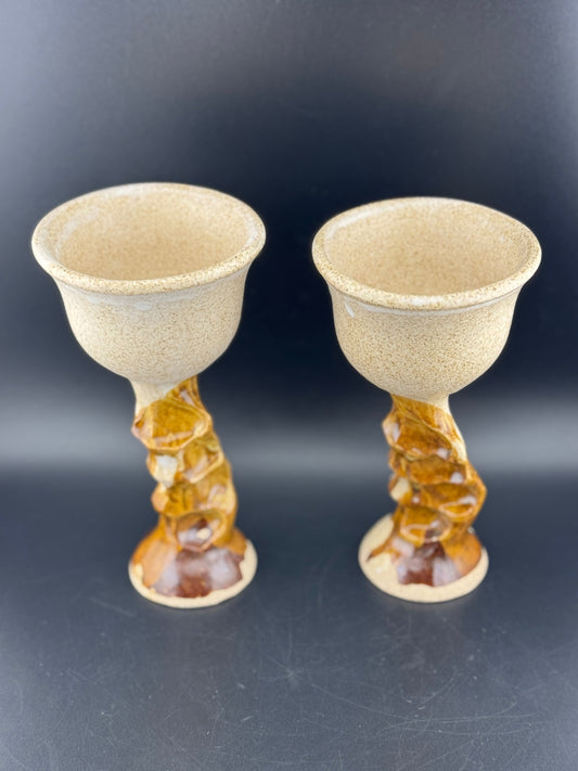 Pair of Handmade Glazed Pottery Wine Goblets
