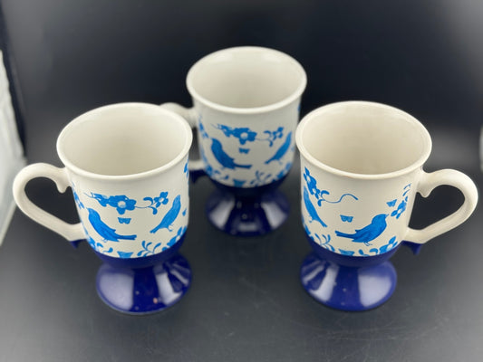 Set of 3 Pedestal Blue Bird Mugs